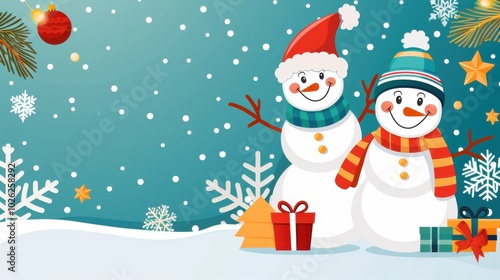 Cute Christmas Snowmen on a Green Abstract Background