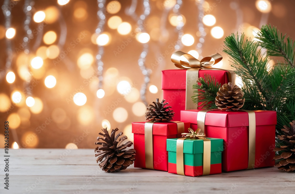 Beautiful christmas decorations with gift boxes, copy space for text Beautiful christmas decorations with gift boxes, copy space for text