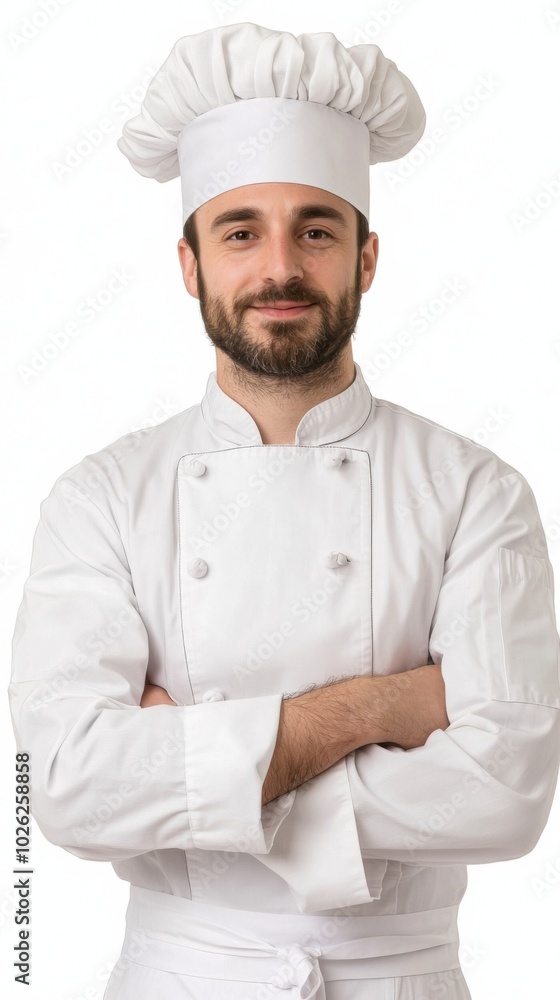 Smiling male chef in white uniform posing with arms crossed, white isolate background. Smiling male chef in white uniform posing with arms crossed, white isolate background.