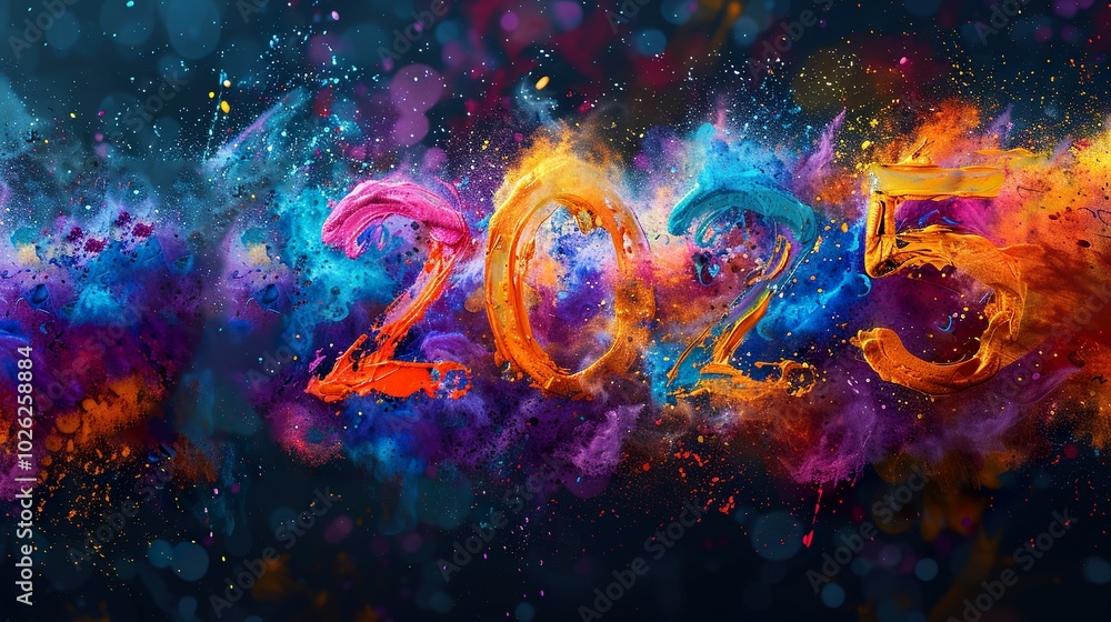 Vibrant Paint Splashes Forming the Number 2025 Vibrant Paint Splashes Forming the Number 2025