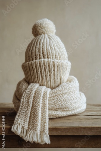 Cozy cream knit hat and scarf set displayed on a wooden table against a neutr...