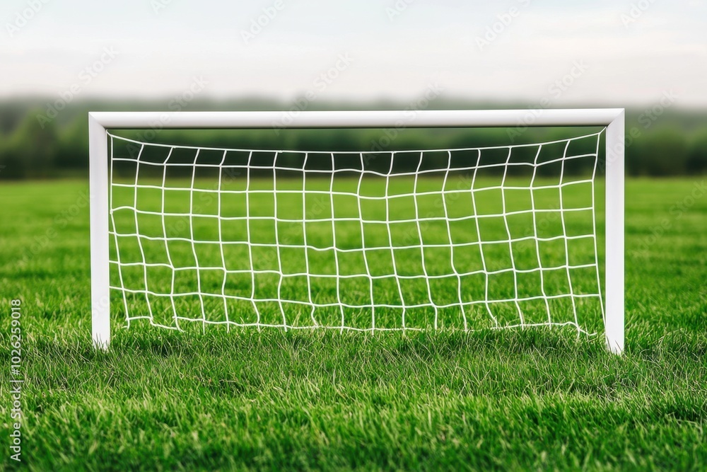 Fototapeta premium Soccer goal on grassy field, white isolate background.