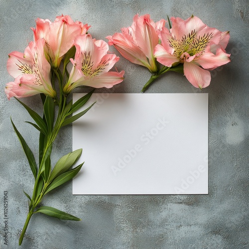 Delicate pink flowers arranged beside a blank card on a textured dark surface