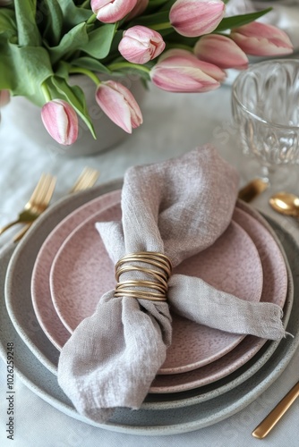 Elegant dining table setting with tulips, pastel plates, and gold cutlery for...