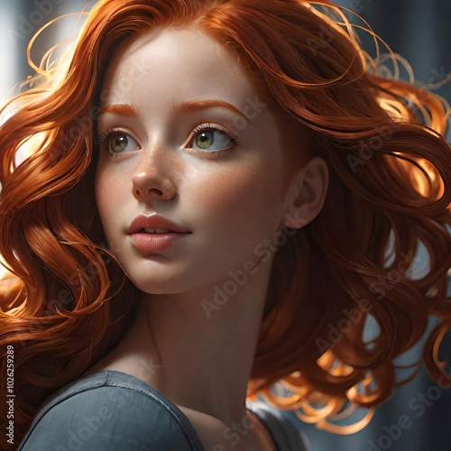 Realistic digital portrait of a young redhead woman with curly hair and freckles, bathed in soft natural light photo