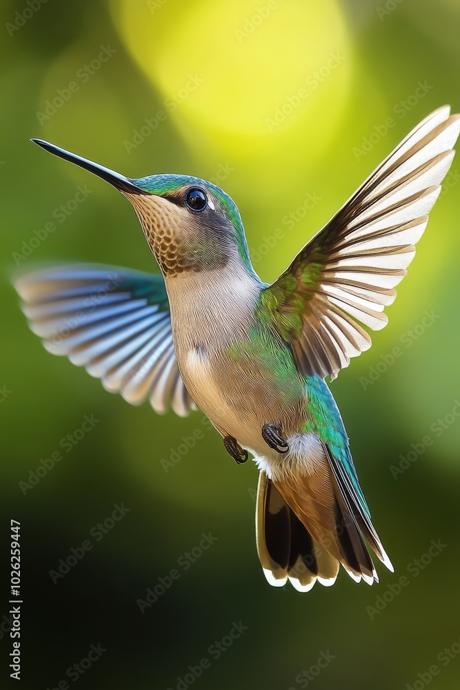 Fototapeta premium A vibrant hummingbird gracefully hovering with outstretched wings against a white background