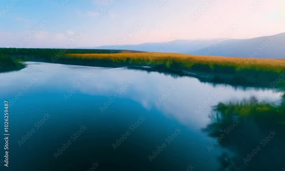 Continuous hyperspeed FPV: The camera darts along a river delta, transitioning through a portal to a highland meadow. Continuous hyperspeed FPV: The camera darts along a river delta, transitioning through a portal to a highland meadow.