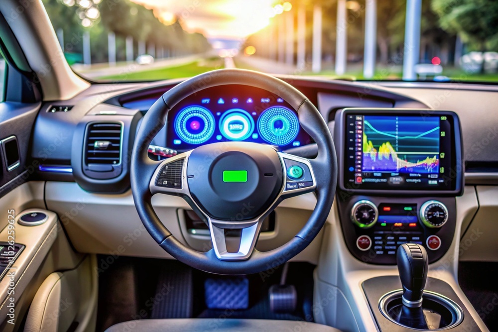 A car dashboard with a large screen and a steering wheel A car dashboard with a large screen and a steering wheel