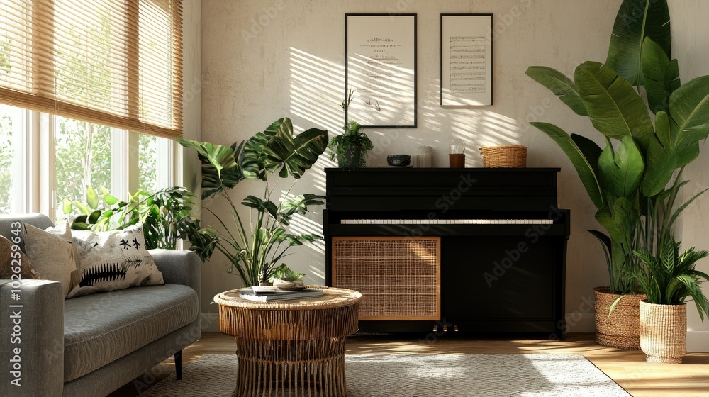 Elegant Scandinavian interior with a wooden commode, gray sofa, black piano, and rattan table. Tropical plants and personal touches add warmth and style. Elegant Scandinavian interior with a wooden commode, gray sofa, black piano, and rattan table. Tropical plants and personal touches add warmth and style.