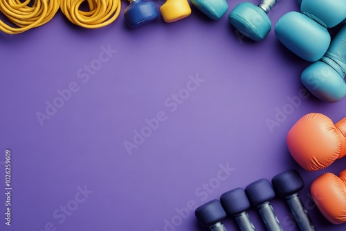 Collection of vibrant purple and blue workout gear arranged neatly on a purpl...