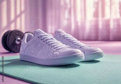 White athletic shoes on green exercise mat with small weights on vibrant purp...