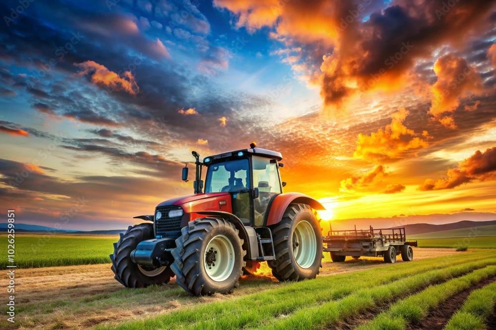 Fototapeta premium A green tractor is driving down a dirt road in a field