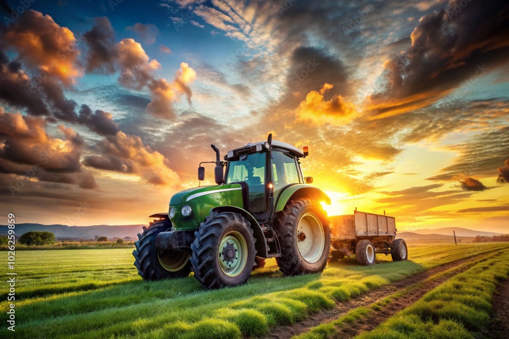 Fototapeta premium A green tractor is driving down a dirt road in a field