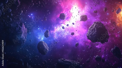 Fototapeta Naklejka Na Ścianę i Meble -  A space scene with an asteroid belt, a dark background, bright lights, and colorful nebulae in the sky, surrounded by many small rocks floating 