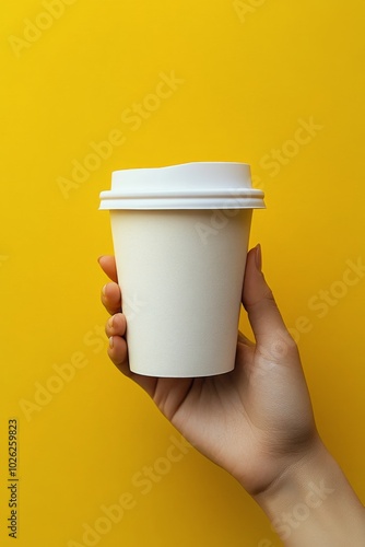 Enjoying a warm cup of coffee against a vibrant yellow background in cozy sur...