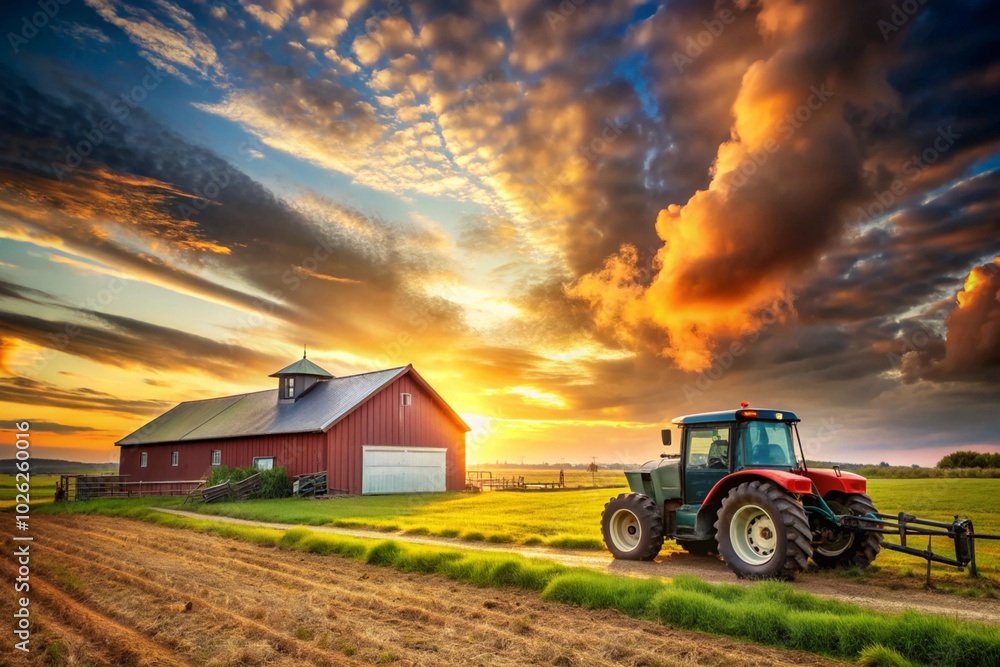 Fototapeta premium A green tractor is driving down a dirt road in a field