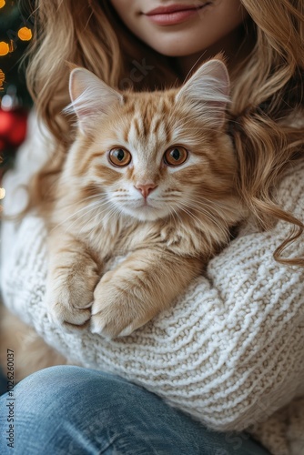 A woman holds an adorable orange tabby cat while surrounded by Christmas deco...