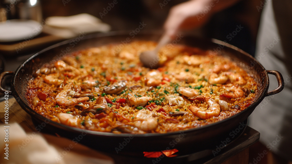 A person prepared paella Valenciana in a restaurant. A person prepared paella Valenciana in a restaurant.