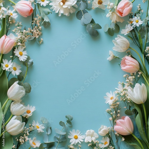 Pastel floral arrangement with pink tulips, daisies, and greenery on a light ...