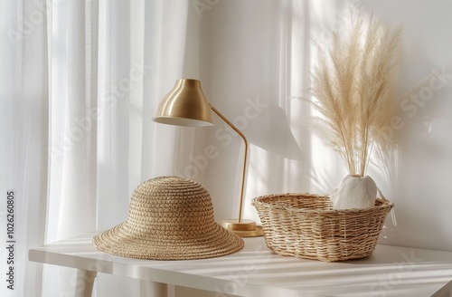 Stylish straw hat and lamp on a table next to a potted plant in a bright room photo