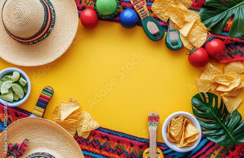 Colorful table setting with hats, snacks, and festive decorations for a cheer...