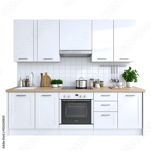 Sleek and Minimalist Isometric 3D Render of a Modern Kitchen Room Isolated on a Plain White Background