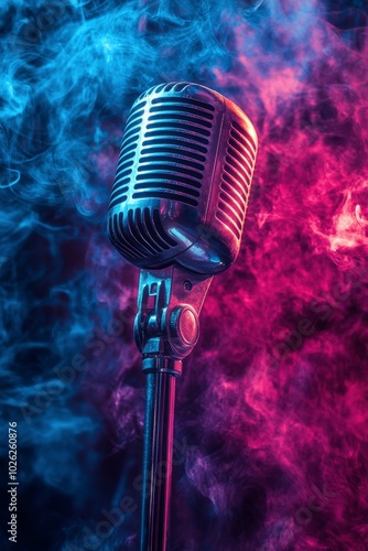Vintage microphone surrounded by colorful smoke in a dramatic lighting setup