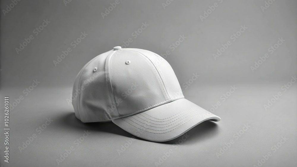 Minimalist white baseball cap isolated on grey background Minimalist white baseball cap isolated on grey background