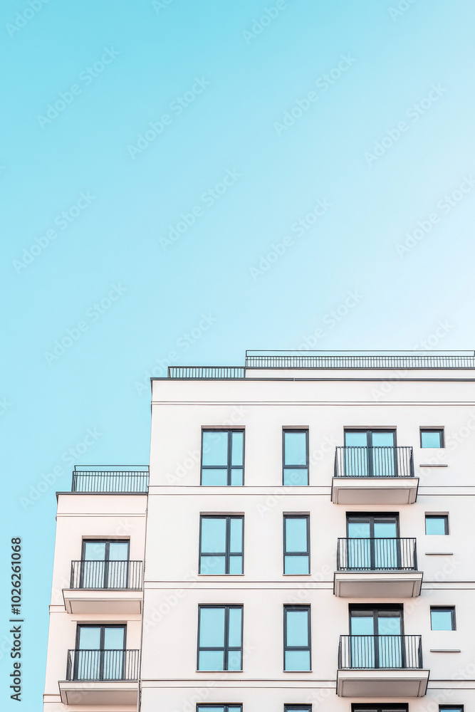 Modern apartment building against a clear blue sky in a vibrant urban neighborhood Modern apartment building against a clear blue sky in a vibrant urban neighborhood