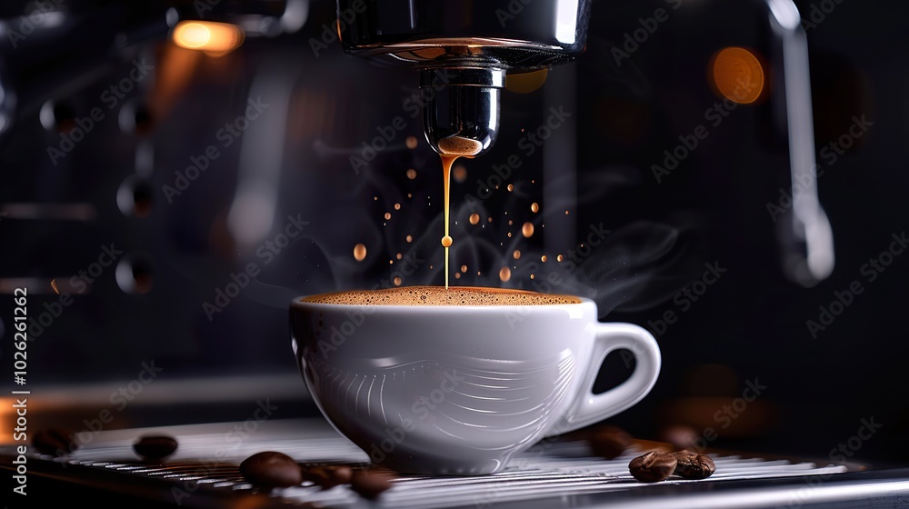 Espresso Machine Dripping Coffee into White Cup Espresso Machine Dripping Coffee into White Cup