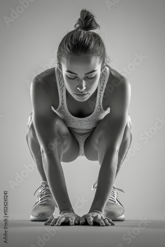 A focused athlete prepares for a sprint in a minimalistic training environment