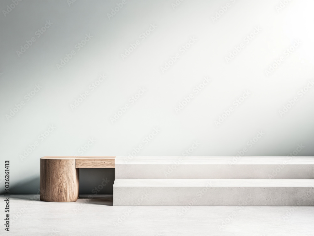 Modern minimalist interior with concrete stairs and wooden seating in a softly lit space Modern minimalist interior with concrete stairs and wooden seating in a softly lit space