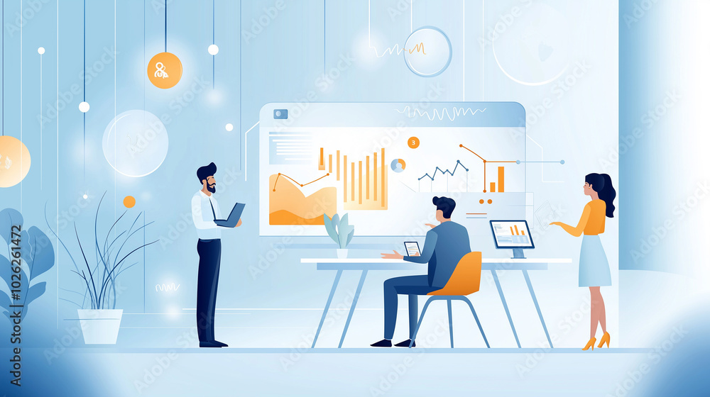 A realistic photo of a meeting room where financial business executives are brainstorming new strategies and ideas using digital tools , whimsical illustration cartoon style A realistic photo of a meeting room where financial business executives are brainstorming new strategies and ideas using digital tools , whimsical illustration cartoon style