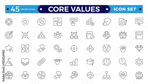 Core Values outline icons set. Vector illustration in modern thin line style of business related icons: integrity, growth, goal, trust, passion, white salary. Editable stroke outline icon.