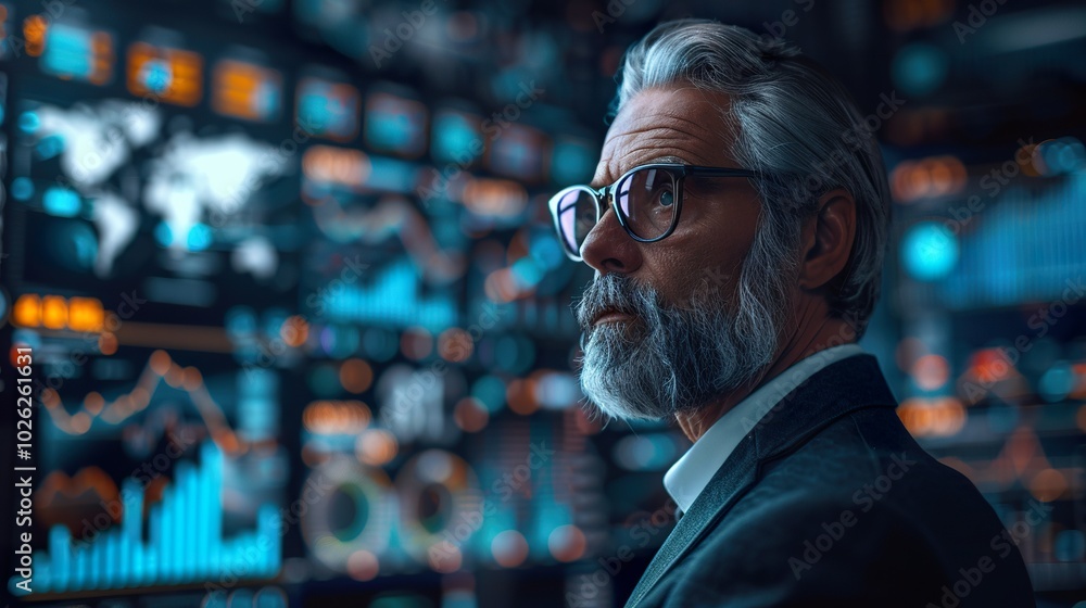 Business Executive Analyzing Financial Data on Virtual Screens Business Executive Analyzing Financial Data on Virtual Screens