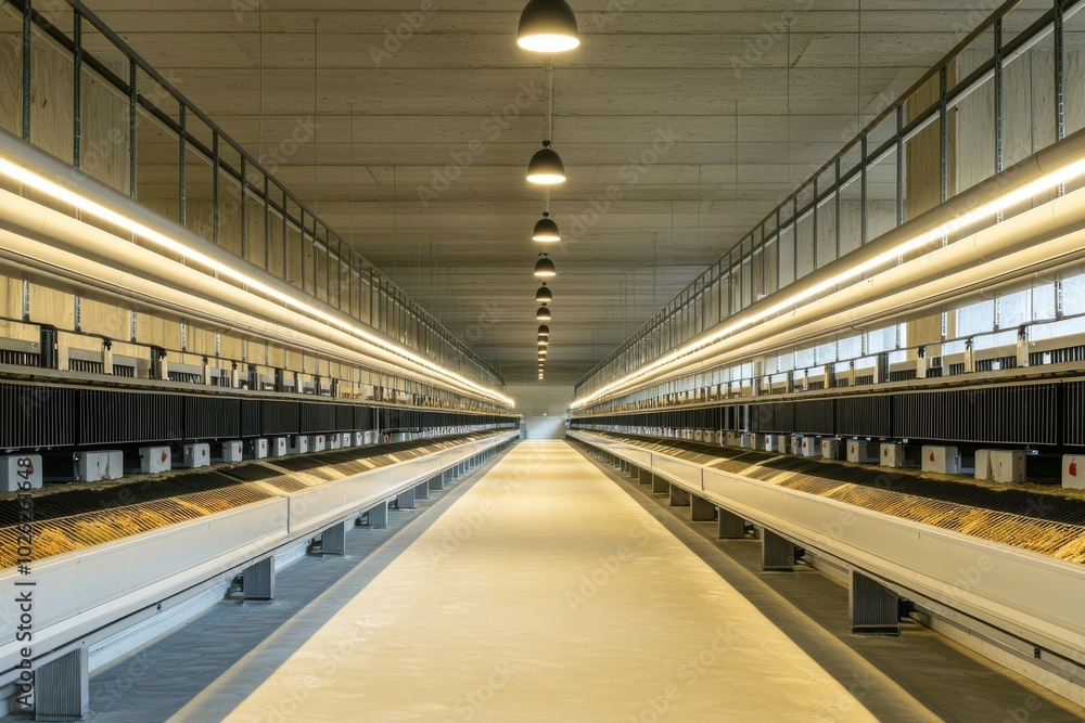Obraz premium A spacious interior of a poultry farm featuring rows of feeding stations and bright overhead lighting.