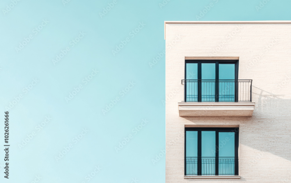 Modern architectural building with large windows and minimalist design against a clear sky Modern architectural building with large windows and minimalist design against a clear sky