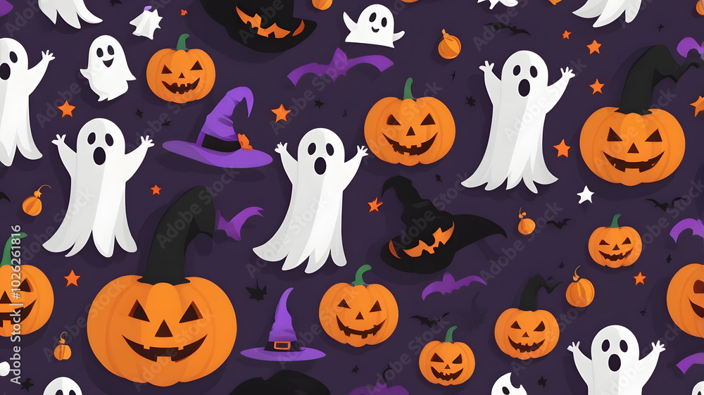 Halloween pumpkin vector set with cartoon bat, ghost, and witch for spooky holiday design Halloween pumpkin vector set with cartoon bat, ghost, and witch for spooky holiday design