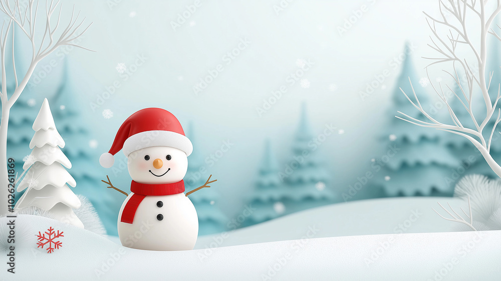 A snowman wearing a Santa hat standing in a snow-covered forest, with soft shades of blue and white blending into the background, whimsical illustration cartoon style A snowman wearing a Santa hat standing in a snow-covered forest, with soft shades of blue and white blending into the background, whimsical illustration cartoon style