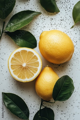 Fresh lemons with green leaves arranged on a speckled surface in natural ligh...