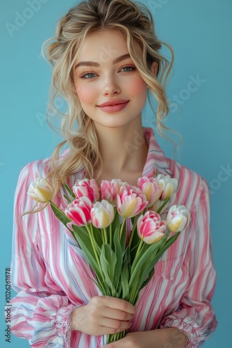 Young woman in striped shirt holding colorful tulips against a blue backdrop ...