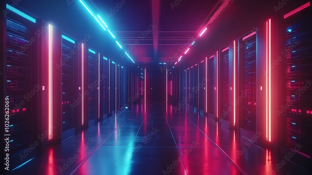 Advanced data center with glowing servers and high-tech networking systems, ideal for cloud computing, IT infrastructure, data storage, and cybersecurity visuals. Advanced data center with glowing servers and high-tech networking systems, ideal for cloud computing, IT infrastructure, data storage, and cybersecurity visuals.