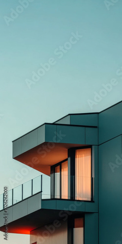 Modern architectural balcony design at sunset in an urban setting of a residential building