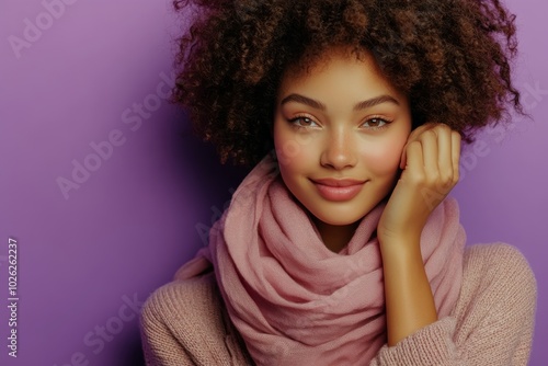Young woman with curly hair wearing a cozy scarf poses against a purple backg...
