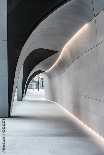 Stylishly designed urban walkway with smooth curves and ambient lighting in a modern city setting