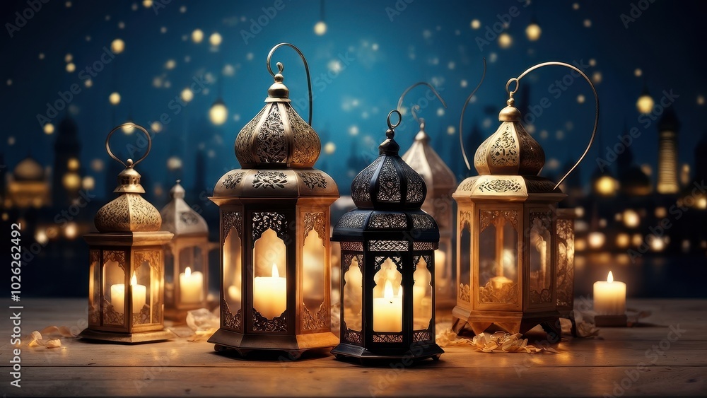 A serene display of ornate lanterns glowing softly against a twilight backdrop. A serene display of ornate lanterns glowing softly against a twilight backdrop.