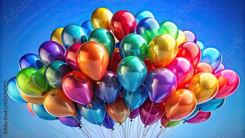 Colorful bunch of helium balloons isolated on white background photo