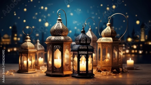 A serene display of ornate lanterns glowing softly against a twilight backdrop.