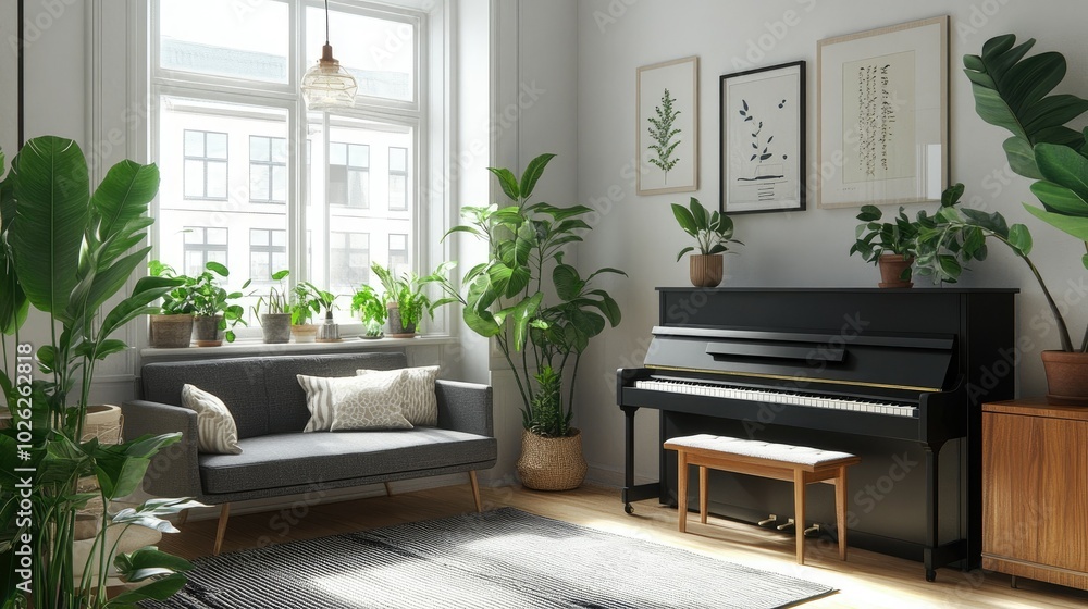 Open Scandinavian living space featuring a gray sofa, black piano, wooden commode, and tropical plants. A stylish combination of simplicity and elegance. Open Scandinavian living space featuring a gray sofa, black piano, wooden commode, and tropical plants. A stylish combination of simplicity and elegance.