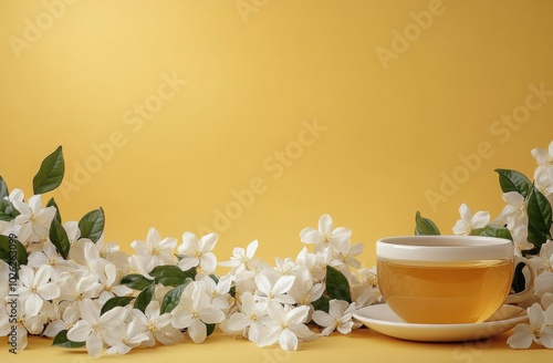 A serene cup of tea surrounded by delicate flowers on a bright yellow background